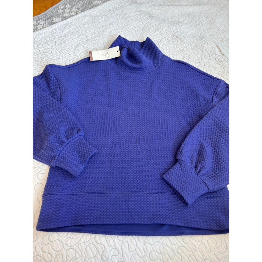 Calia Womens Mock Neck Textured Honeycomb Knit Puff Sleeve Top Navy Blue Medium